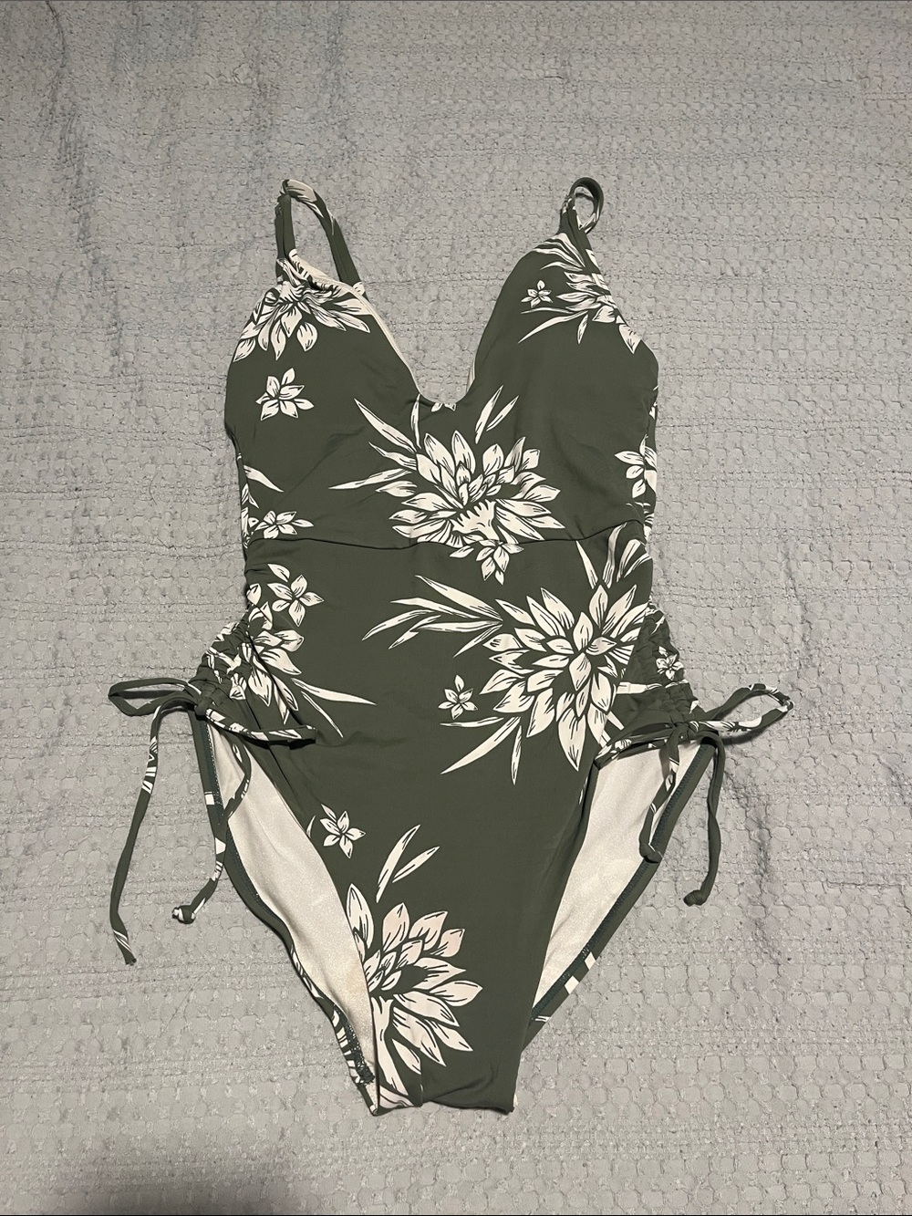 Olive Green Floral One-Piece Swimsuit with Side Ties